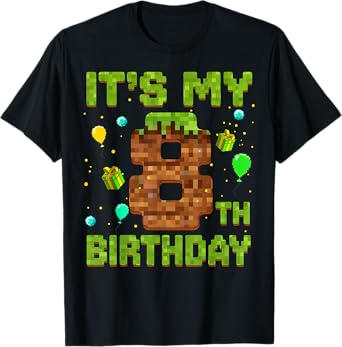 It's My 8th Birthday Pixel Game Birthday Boy 8 Year Old Kids T-Shirt