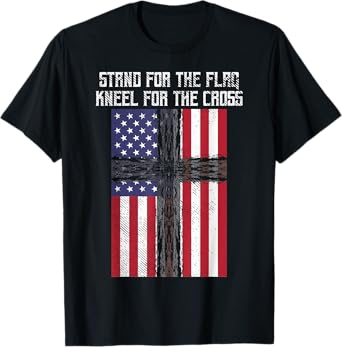 Stand Flag Kneel Cross God Jesus America US Christian Gift T-Shirt