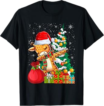 Dabbing Giraffe Santa Christmas Kids Boys Girls T-Shirt