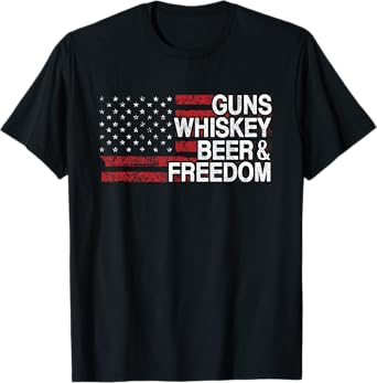 Guns Whiskey Beer And Freedom Veteran US Flag 4th Of July T-Shirt