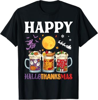 Happy HalloThanksMas Beer Drinker Halloween to Xmas Cheers T-Shirt