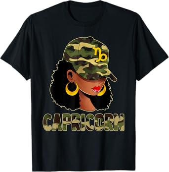 Capricorn Queen Camouflage Black Woman Cap Zodiac Sign T-Shirt