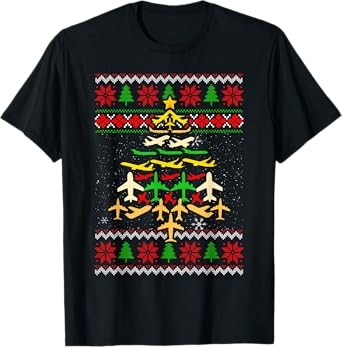 Airplane Christmas Tree Ugly Xmas Sweater Decoration Pilot T-Shirt