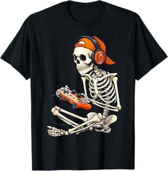 Halloween Skeleton Gamer Video Gaming Boys Men Kids Funny T-Shirt