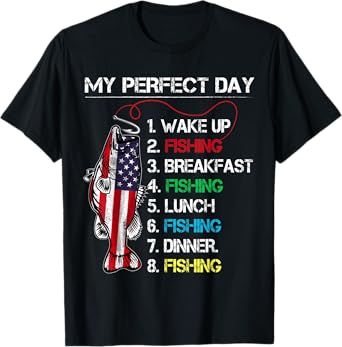 My Perfect Day Fishing Gift Fishermen American Flag Vintage T-Shirt
