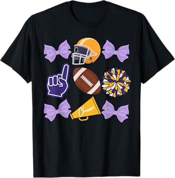 Coquette Bow Football Purple Gold Game Cheer Mom Touchdown T-Shirt