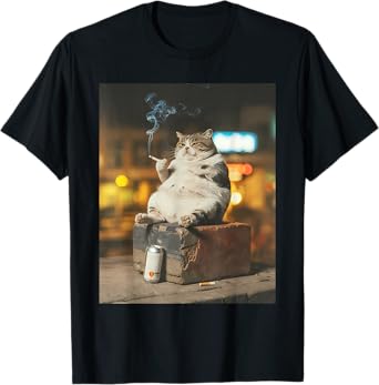 Smoking Cat with Beer and Cigarette Humor Design T-Shirt