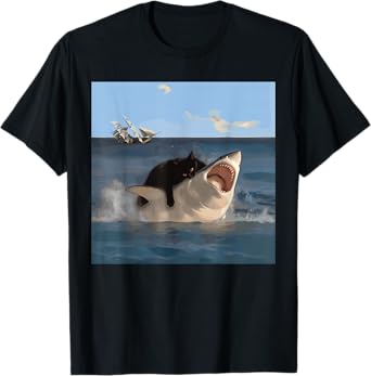 Cat Biting Shark Humorous Playful Funny Cat and Shark T-Shirt, Small, Black