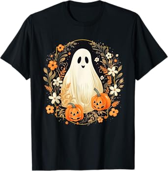 Vintage Floral Ghost Halloween Ghost Pumpkin Jack-o-Lantern T-Shirt
