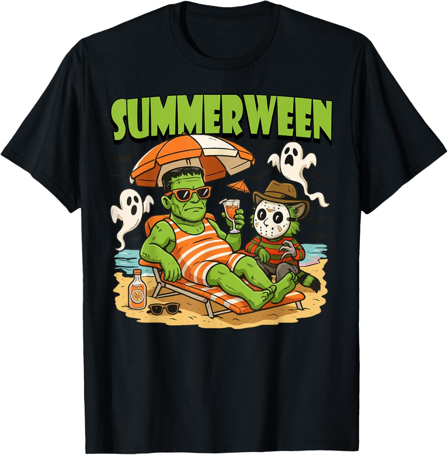 Summerween Funny Horror Characters Halloween on the Beach T-Shirt