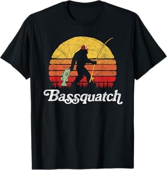 Bigfoot UFO Believer 2001 Tees Bassquatch! Funny Bigfoot Fishing Unisex Adults Kids Retro T-Shirt Black Medium