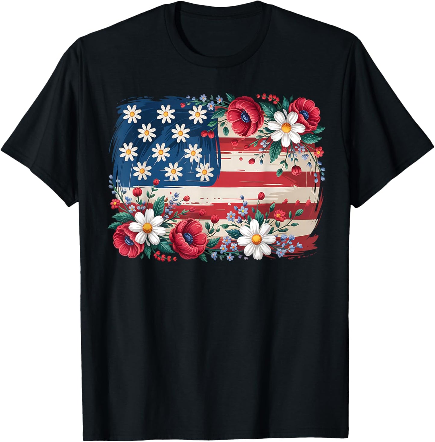Floral Daisy American Flag Usa 4th Of July Patriotic Women T-shirt