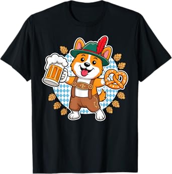 Funny Oktoberfest Corgi Lederhosen Beer Pretzel Cute Dog T-Shirt