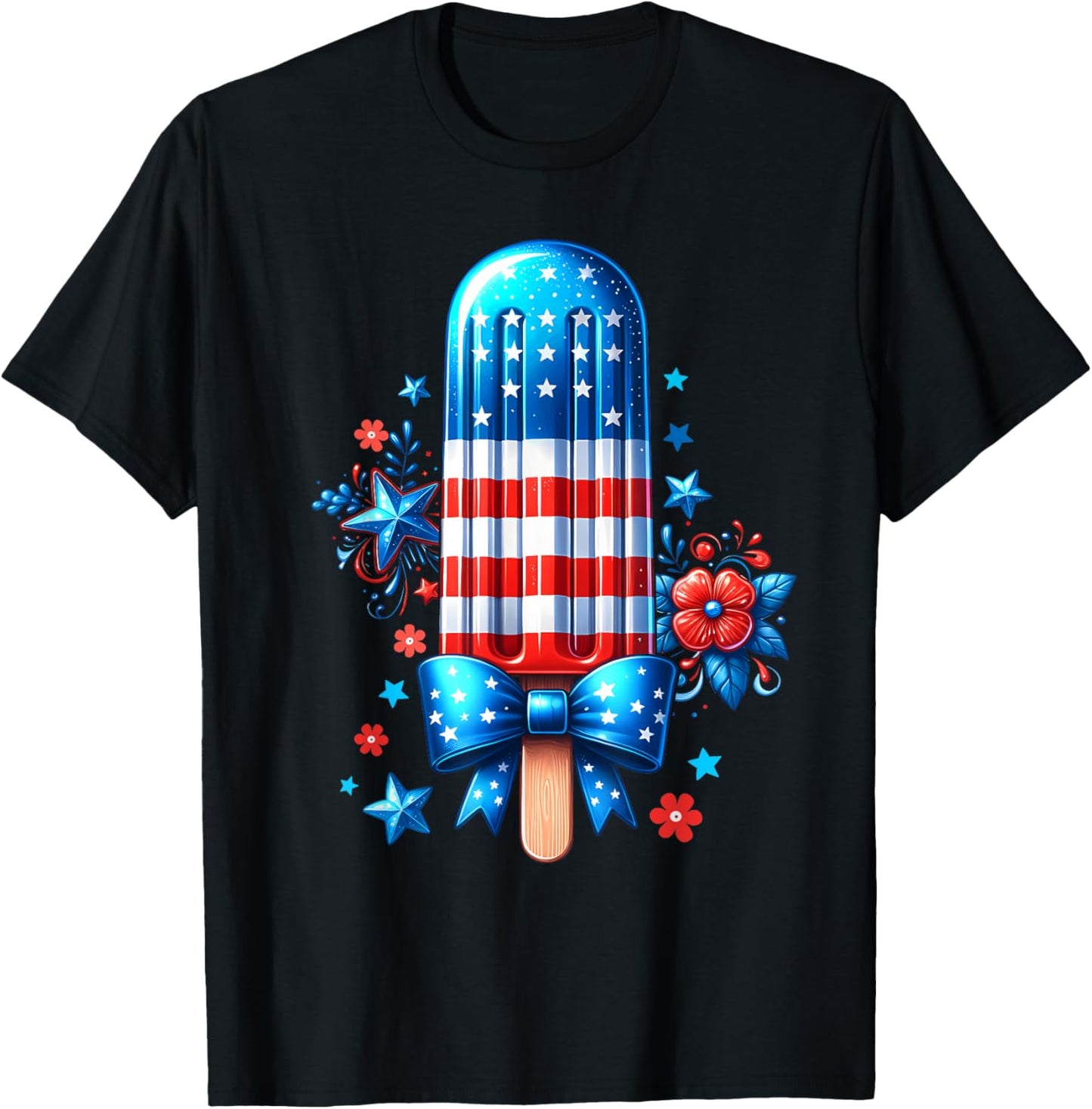 Cute Usa Ice Cream Bow Star Fireworks July 4th Women Girls T-shirt