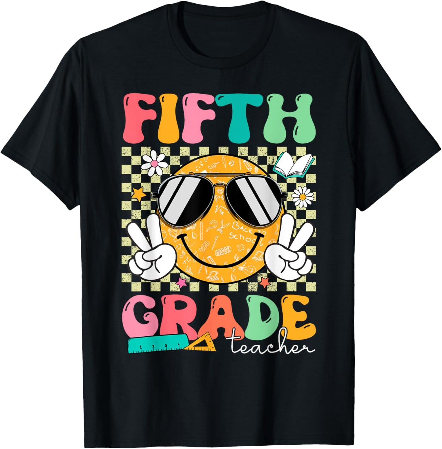 Fifth Grade Teacher Smile Face Back To School Groovy 5th Grade T-shirt by TeeBrew