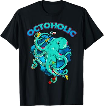 Octoholic Tshirt Funny Octopus Drinking T-shirt T-Shirt