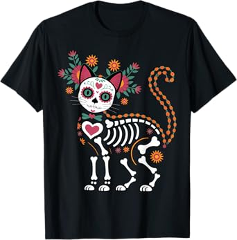 Cute Sugar Skull Mexican Cat Halloween Day Of The Dead T-Shirt