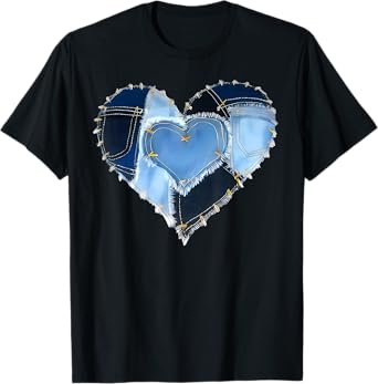 Patchwork Heart Denim Design T-Shirt