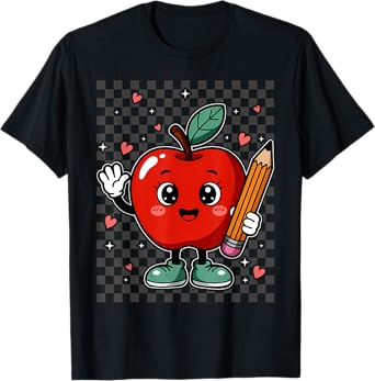 Cute Retro Checkered Apple with Face Teacher Pencil Trendy T-Shirt