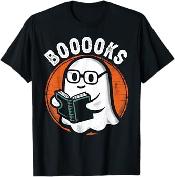 Cute Ghost Book Reading Books Lover Retro Halloween Teacher T-Shirt