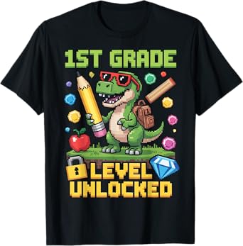 Level Unlocked 1st Grade Dinosaur Back to School Gamer Boys T-Shirt