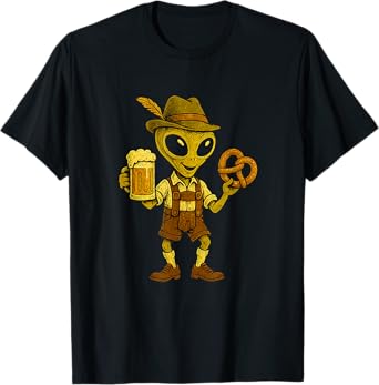 Funny Alien Oktoberfest UFO Wearing Lederhosen German Beer T-Shirt