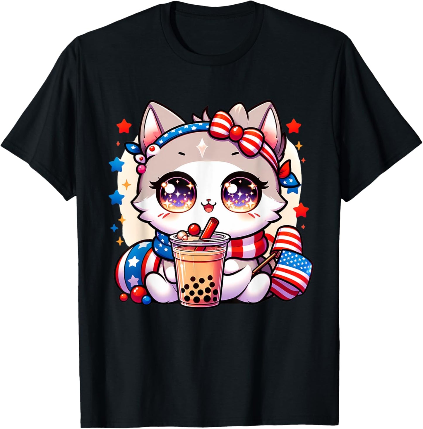 Cute 4th of July Cat Shirt Girls Kawaii Anime Boba Tea USA T-Shirt