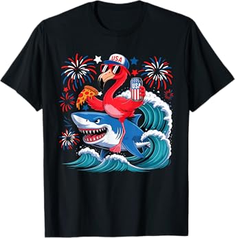 Flamingo Riding Shark With Beer Pizza 4th Of July Patriotic T-Shirt