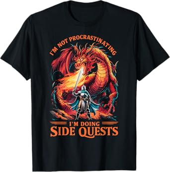 Im Not Procrastinating Its A Side Quest Gamer Gift - Unisex Kids RPG Gamer T-Shirt - Black - Small - Short Sleeve - Crew Neck - Fantasy Dragon Graphic