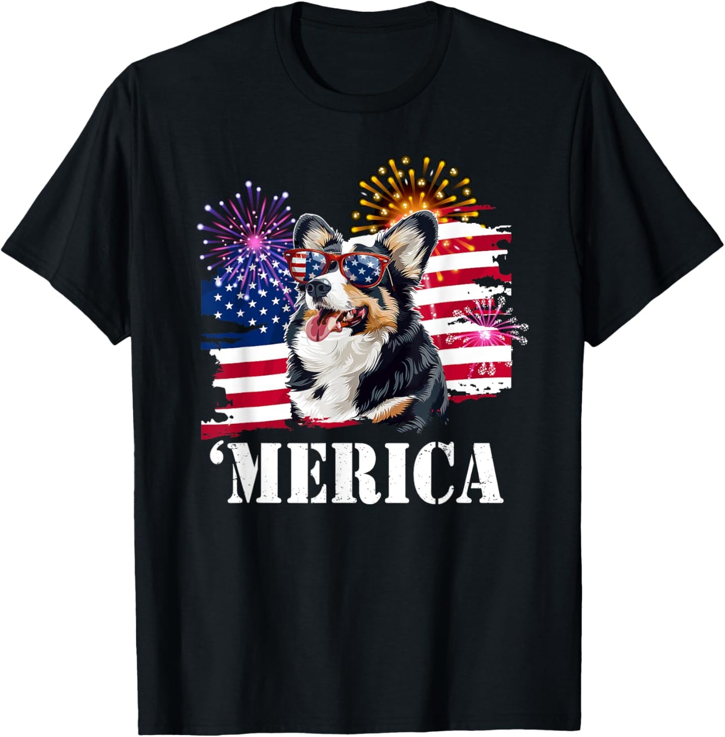 Funny USA Flag 4th 'Merica Black Tricolor Corgi Lover T-Shirt