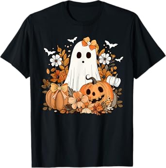 Retro Floral Ghost Cute Pumpkin Autumn Halloween Women Kids T-Shirt
