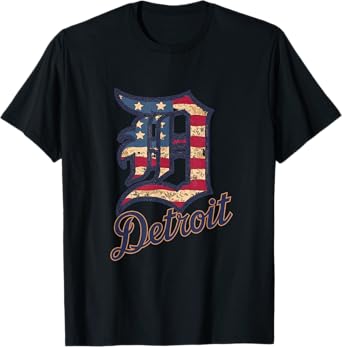 Nate Willis Detroit American Flag Old English D T-Shirt - Men's Black Small Modern Classic Letter Print Short Sleeve T-Shirt