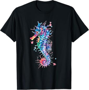 Seahorse Watercolor Ocean Animal Colorful Underwater Fish T-Shirt