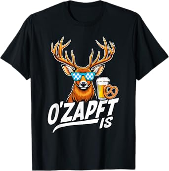 Deer with Sunglasses O'zapft is Bavarian Flag Oktoberfest T-Shirt