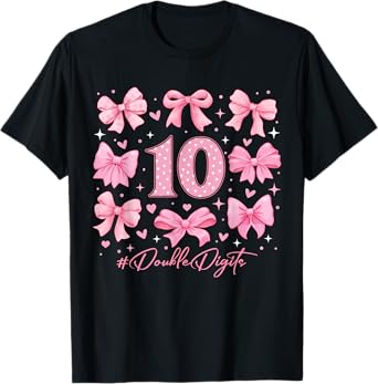 Double Digits Birthday Girl 10th Birthday Coquette Bow Pink T-Shirt