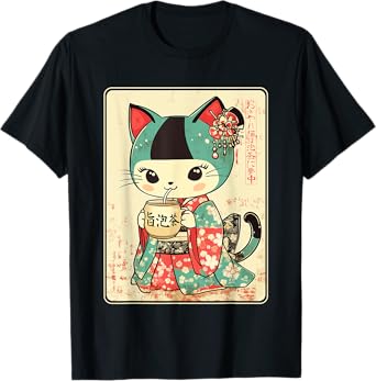 Vintage Kimono Cat Drinking Bubble Tea T-Shirt