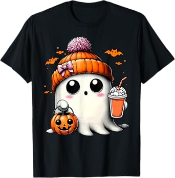 Cute Ghost Drinking Coffee Halloween Ghost Ice Coffee Womens T-Shirt