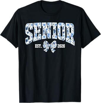 Senior Floral Senior 2026 Class of 2026 Senior Blue Bow 2026 T-Shirt