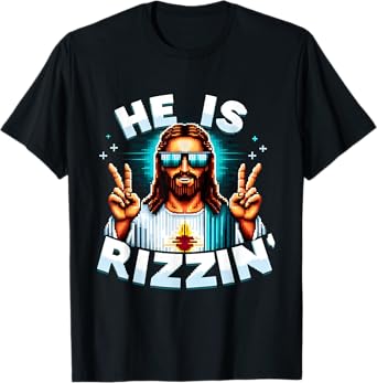 He Is Rizzen Jesus Has Rizzen Retro Christian Pixel Gaming T-Shirt