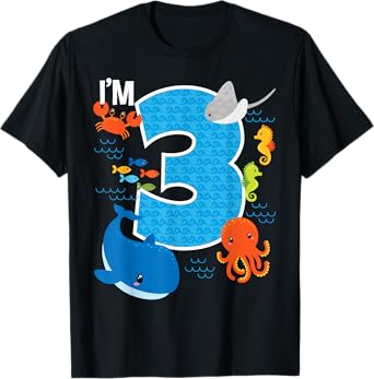 Kids 3 Year Old Birthday Whale Fish Sea Bday Boys and Girls T-Shirt