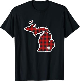 Best Michigan Buffalo Plaid MI State Outline T-Shirt