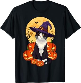 Retro Black Cat Halloween Pumpkin Costume For Men Women Kids T-Shirt