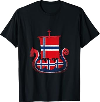 Norwegian Flag Proud Norway Viking Ship T-Shirt - Men's Unisex Black Small Classic Fit Short Sleeve Cotton Polyester T-Shirt