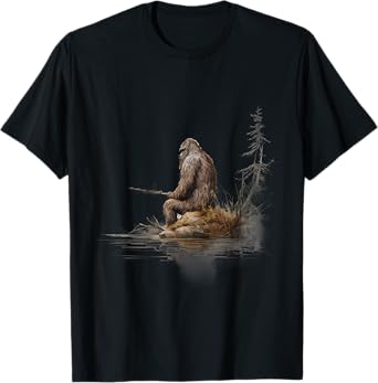 Fishing Bigfoot Sasquatch T-Shirt - Unisex Adults & Kids - Black - Small - Short Sleeve - Modern - Cartoon - T-Shirt - Fishing Themed - All Seasons