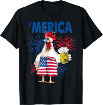 Merica American patriotic Rooster USA flag design women men T-Shirt
