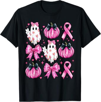 Retro Groovy Breast Cancer Ghost Coquette Halloween Pink Tee T-Shirt