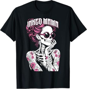 Inked Mama Messy Bun Gothic Cute Skeleton Tattoo Mom Ink T-Shirt