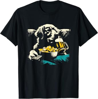 Golden Retriever Watching TV - Funny Snacks Beer Dog Lover T-Shirt for Men Women