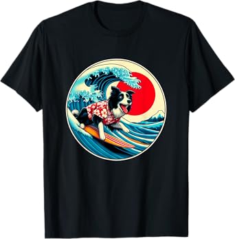 Great Wave Kanagawa Border Collie dog Surfing T-Shirt for Men Women Kids