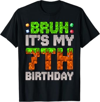 Funny Birthday Boy Bruh It's My 7th Birthday Gamer Pixel T-Shirt